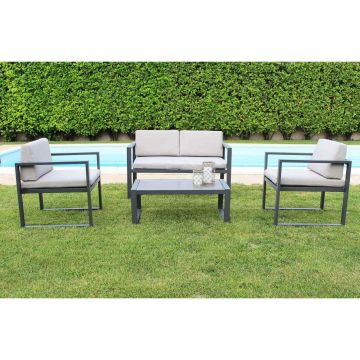 Salon de jardin anthracite canapé et fauteuils en aluminium et table basse avec verre mod. Formentera