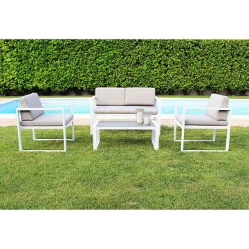 Salon de jardin blanc canapé et fauteuils en aluminium et table basse avec verre mod. Formentera