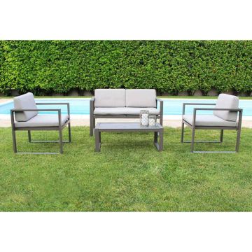 Salon de jardin taupe canapé et fauteuils en aluminium et table basse avec verre mod. Formentera